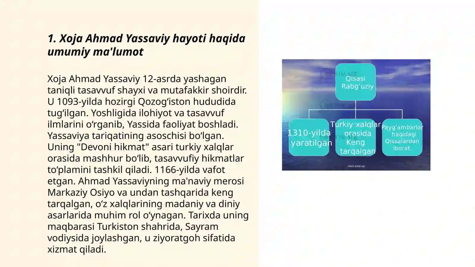 Xoja Ahmad Yassaviy hayoti va ijodini grafik organayzerlar yordamida oʻrganish 3