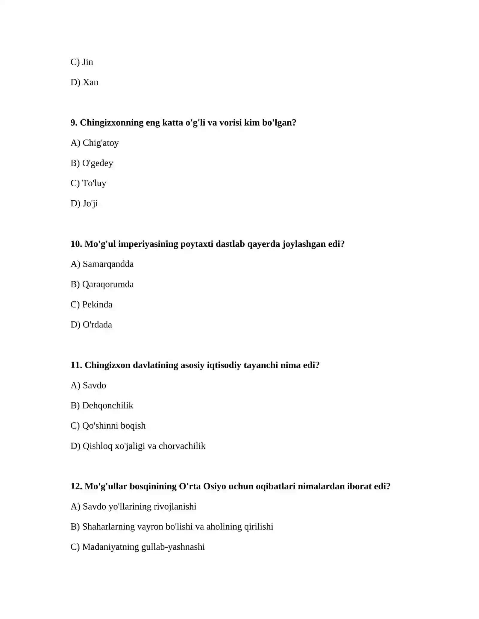 Markazlashgan mo'g'ul davlatining tashkil topilishi, ochiq test 3
