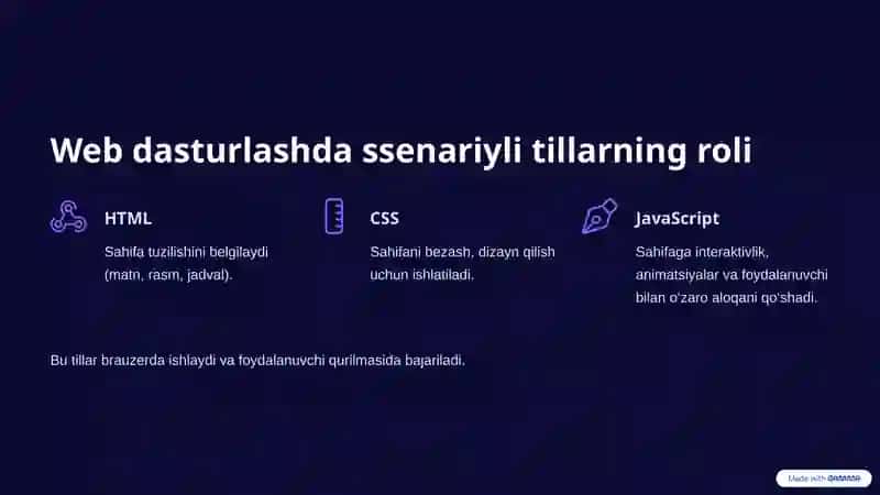Dasturlash tillarining bir turi bo'lib, HTML, CSS va JavaScript kabi tillar ssenariyli tillarga kiradi. 3