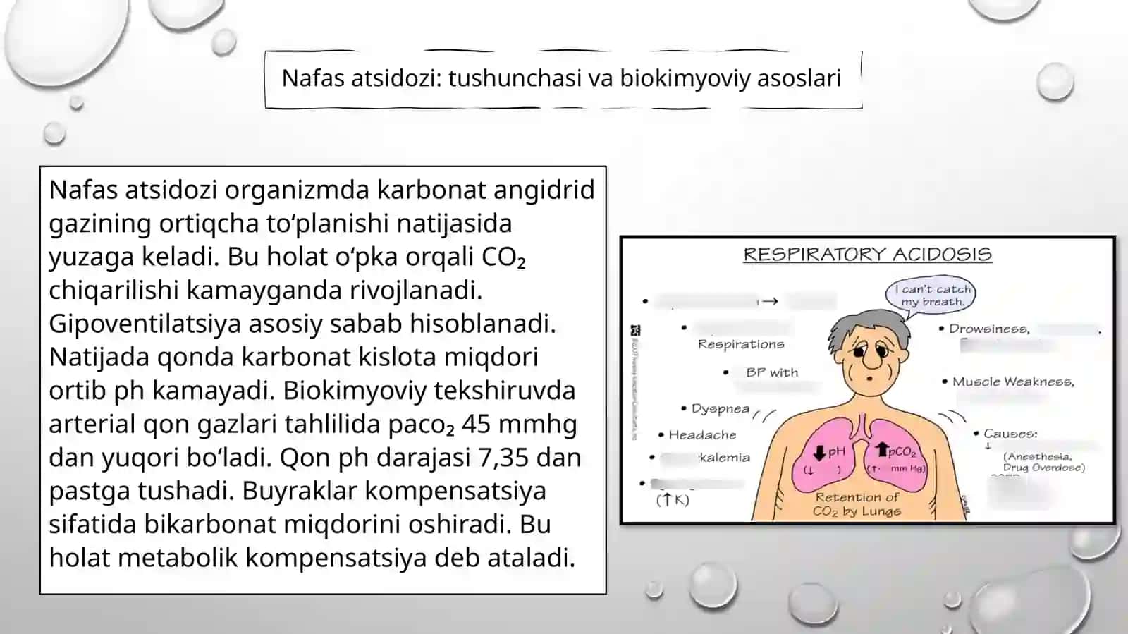 Nafas asidozi, metabolik asidoz, nafas alkalozi va metabolik alkalozlarning kelib chiqishi, biokimyoviy tashxisi 3