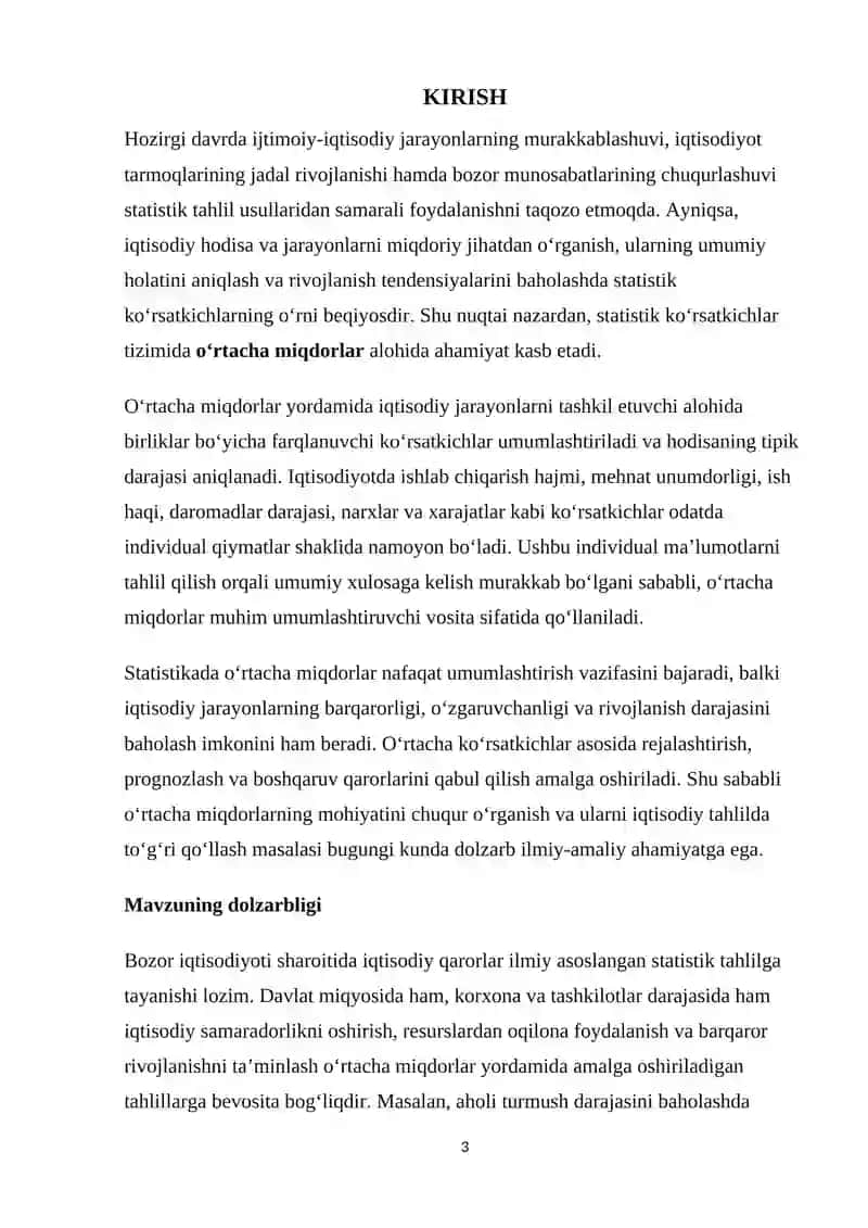 o’rtacha miqdorlar. o’rtacha miqdorlar mohiyati va ularni iqtisodiy tahlildagi ahamiyati kurs ishi 24-bet 3