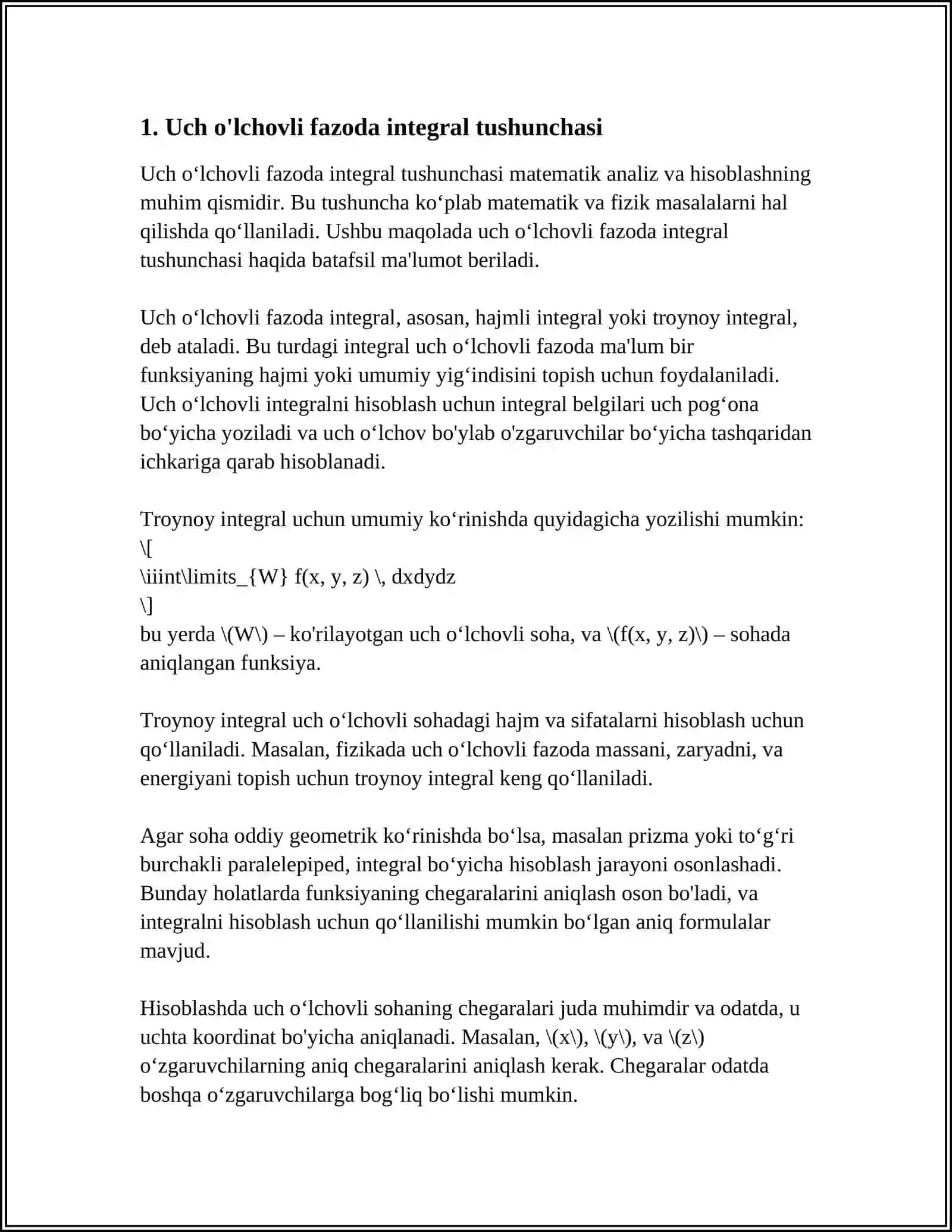 UCH OʻLCHOVLI FAZODA JISMLARNING YUZA VA HAJMLARINI HISOBLASHDA INTEGRAL HISOB TADBIQLARI 3