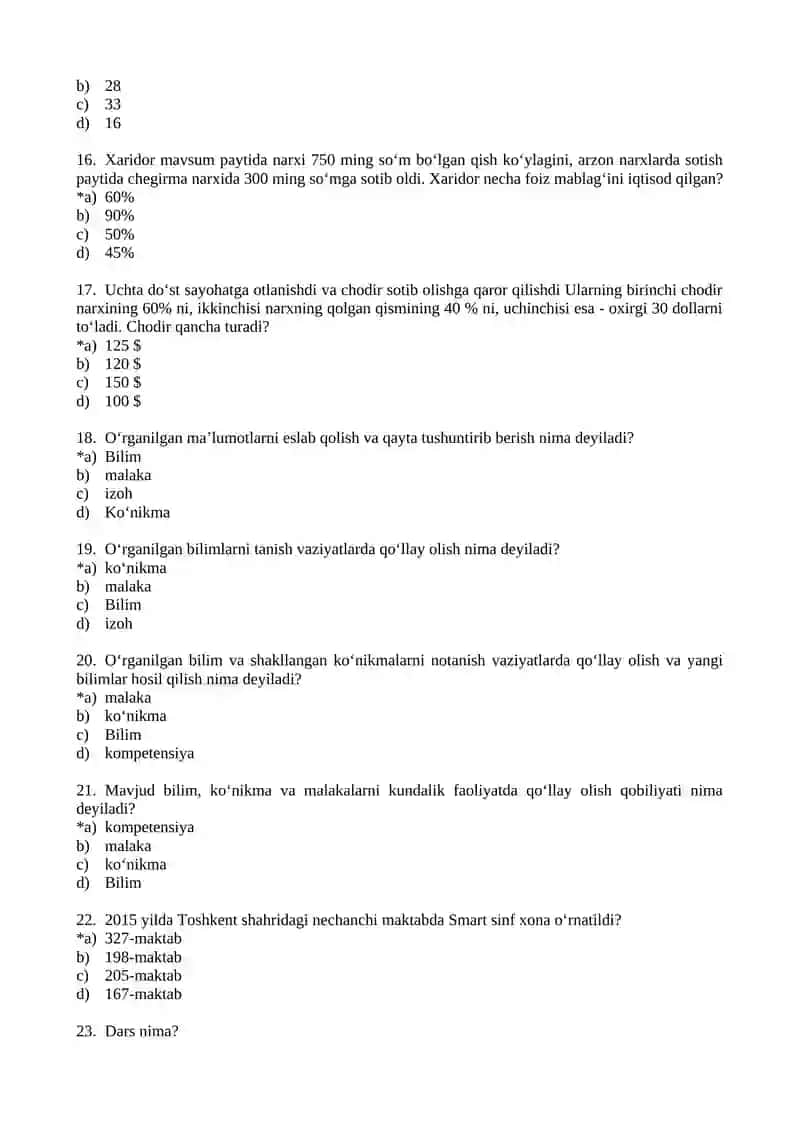 2019 o‘quv yili uchun “Matematika” dan MOK uchun kirish va chiqish testi, oraliq nazorati topshiriqlari 3