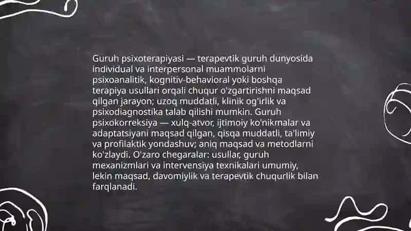Guruh psixoterapiyasi guruh psixokorreksiyasi tushunchalarining oʻzaro bogʻliqligi 3