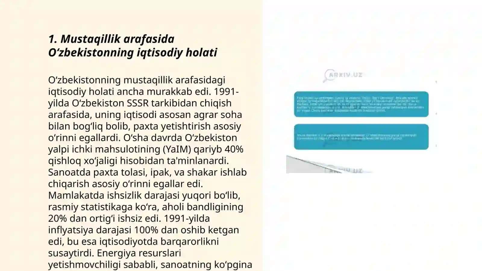 Mustaqillikka erishish arafasida.Oʻzbekistondagi ijtimoiy iqtisodiy jarayonlari 3