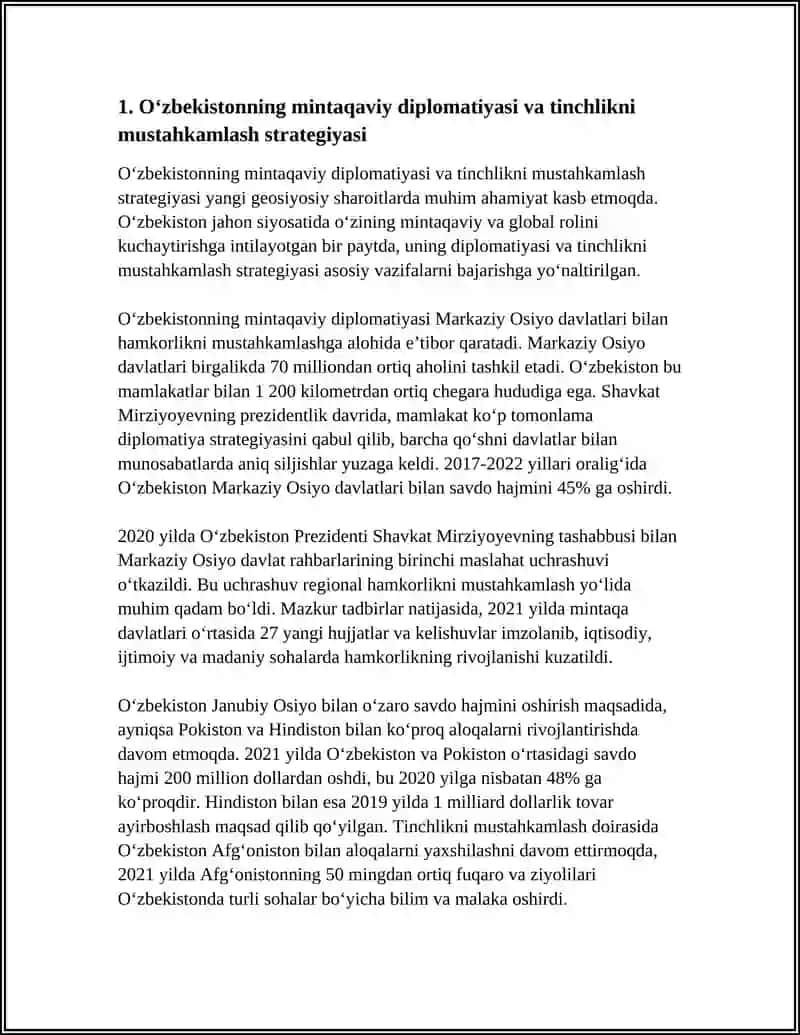 Oʻzbekistonning mintaqaviy diplomatiyasi va tinchlikni mustahkamlash strategiyasi 3