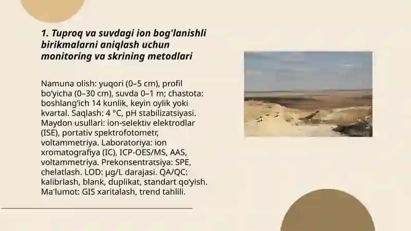 Tuproq va suvning ifloslanishida ion bog'lanishli birikmalarni aniqlash 3