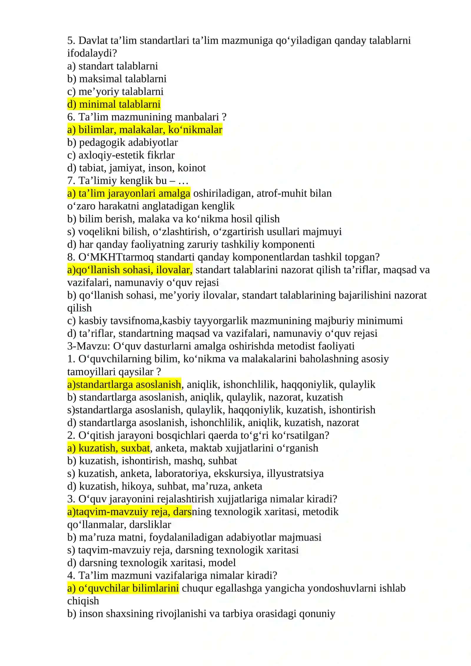 MENEJERLIK TEST SAVOLLARI (JAVOBLARI BILAN) 3