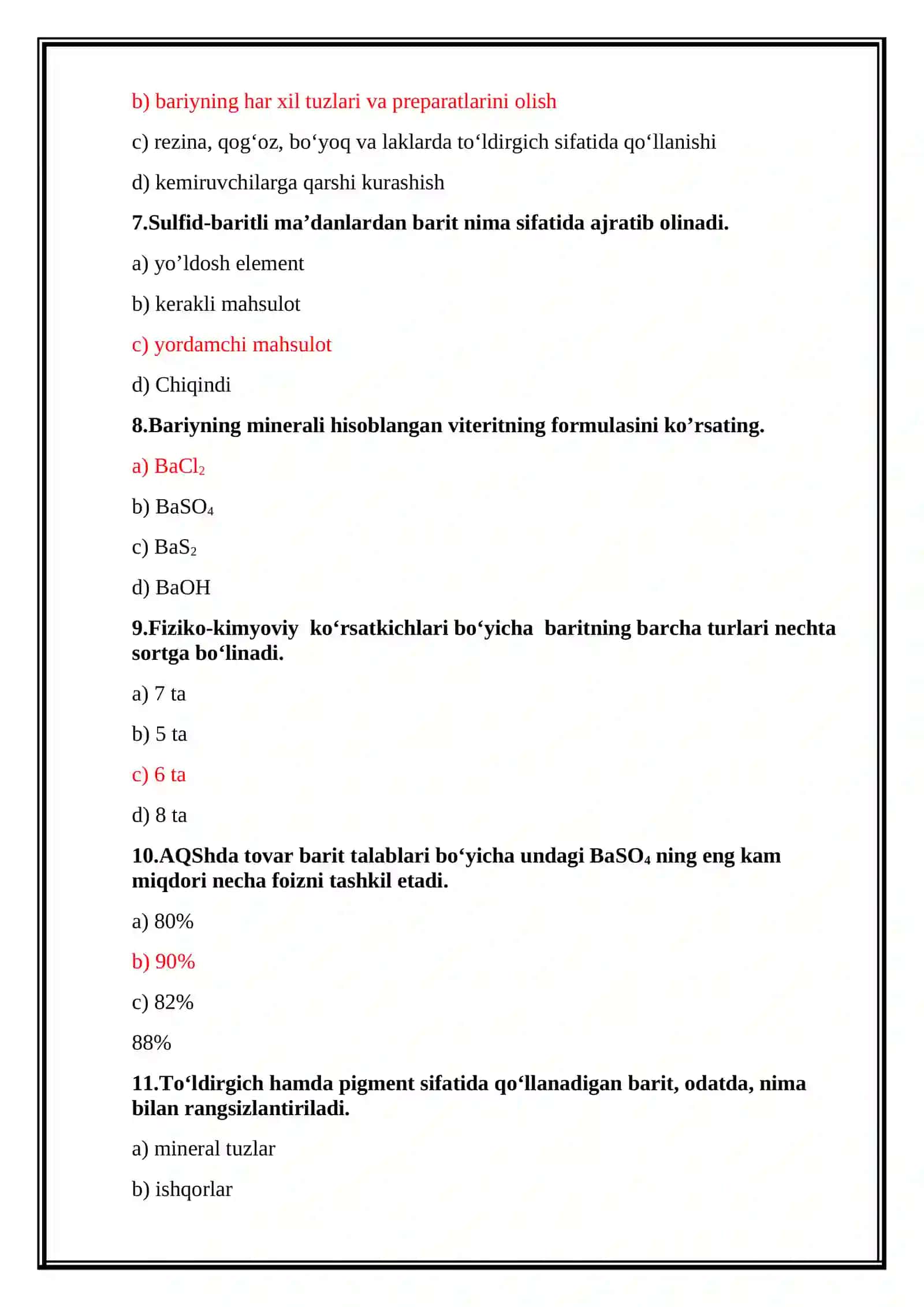 Nometall rudalarni boyitish texnologiyasi fanidan 4-kurs talabalari uchun Yakuniy nazorat testi 3