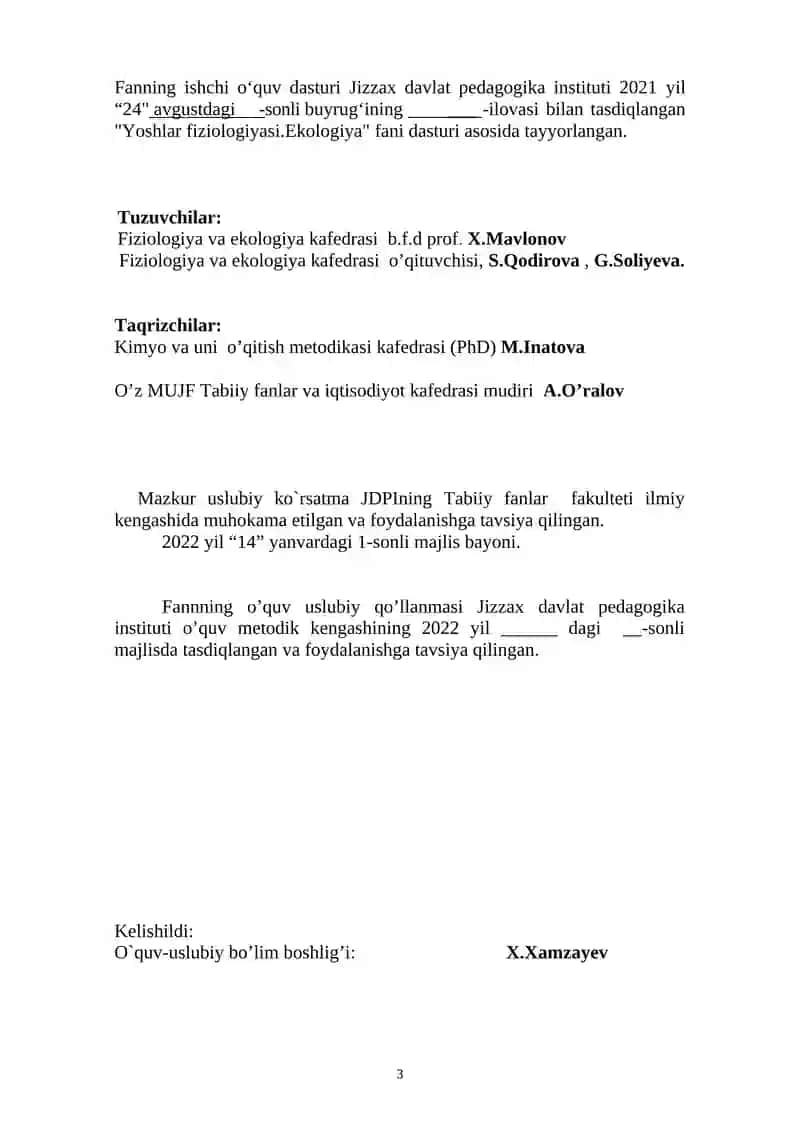 Yoshlar fiziologiyasi.Ekologiya AMALIY MASHG’ULOTLARI 3