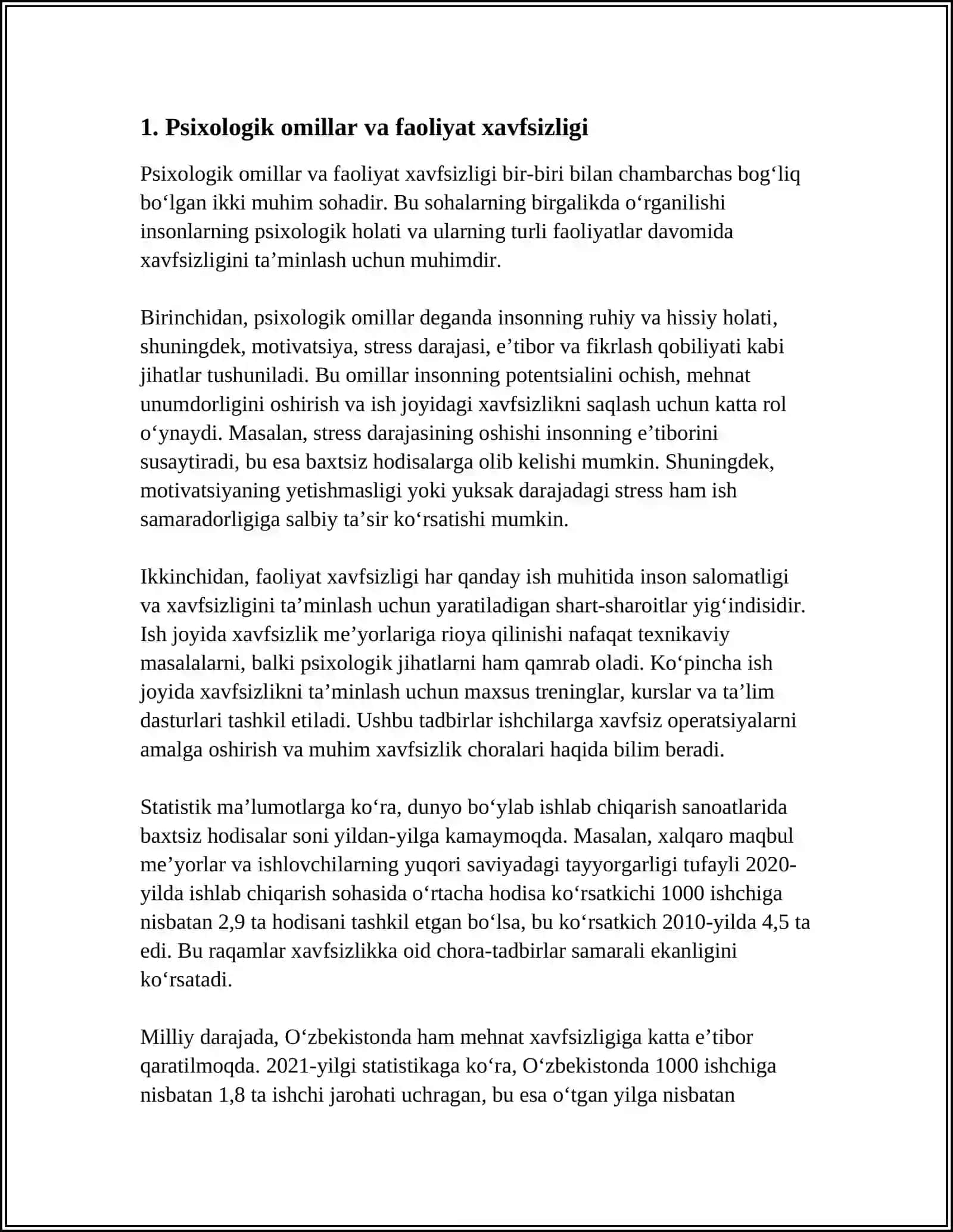 MUSTAQIL ISH Mavzu: FAOLIYAT XAVFSIZLIGINI TAʼMINLASHDA PSIXOLOGIK OMILLARINING AHAMIYATI 3