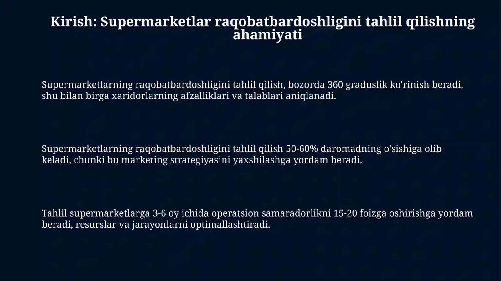 Korzinka, Havas va Makrosupermarketlarining raqobatbardoshligini tahlil qilish 3