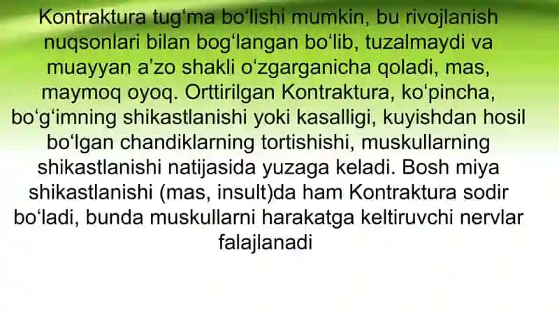 Bo‘g‘imlar kontrakturalari va ankilozlari. Oyoq panjasi statik deformastiyasi. 3