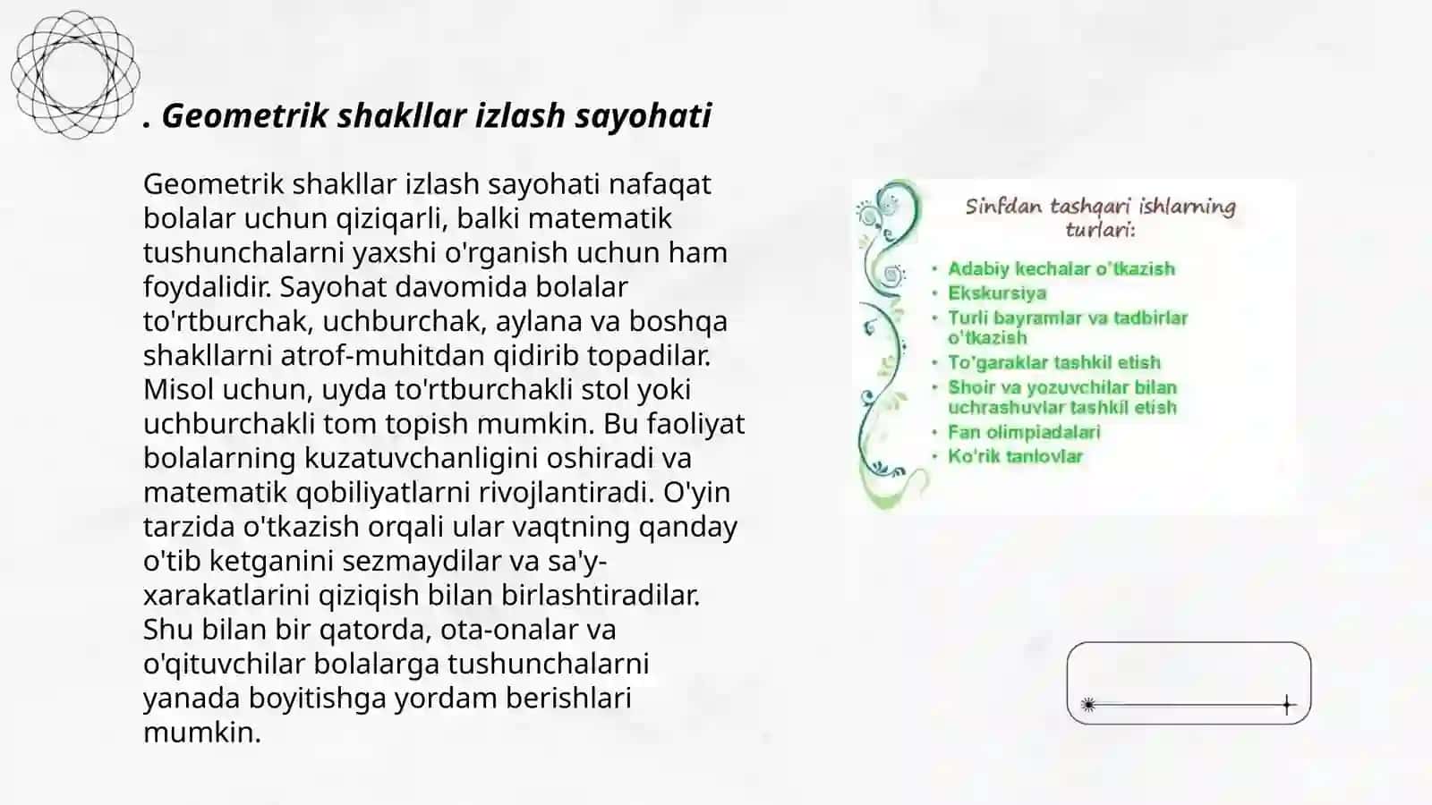 Boshlangich sinflarda matematikadan sinfdan tashqari ishlarni tashkil etishda foydalaniladigan loyiha ishlaridan namuna tayorlash. Matematik ekskursiyalar tashkil etishda 3