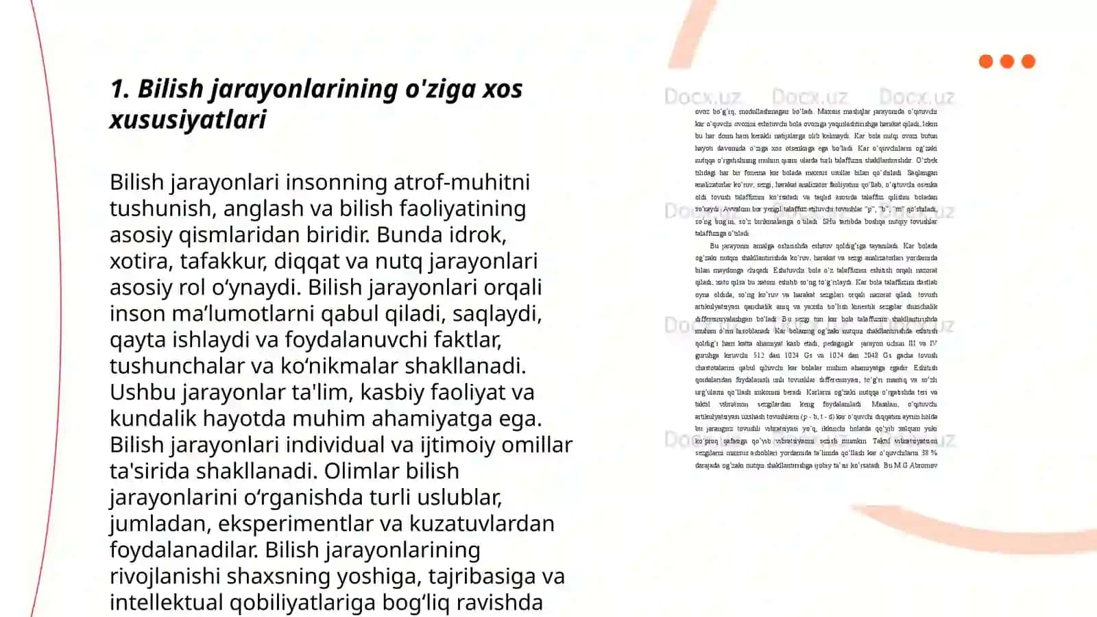 Sistemali nutq buzilishlari bòlgan bolalarning psixologik xususiyatlari ( bilish jarayonlari, xissiy- irodaviy sohasi, shaxslararo munosabati, faolayati) ularni tekshirish va korreksiyalash 3