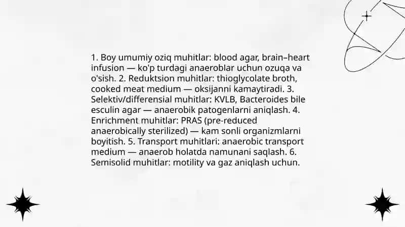 Anaerob mikroblami oʻstirish uchun qoʻllaniladigan oziq muhitlar ularni tayyorlash 3