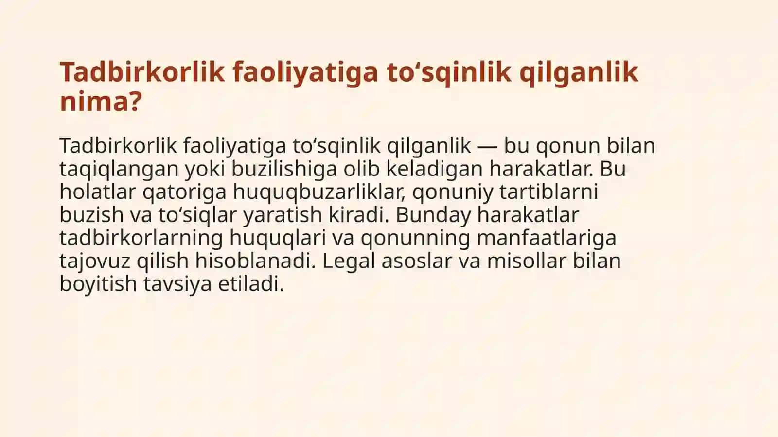 Tadbirkorlik faoliyatiga toʻsqinlik qilganlik,qonunga xilof ravishda aralashganlik hamda xoʻjalik yurituvchi subʼektlarning huquqlari va qonunning manfatlariga tajavuz qiladigan boshqa huquqbuzarliklar uchun maʼmuriy javobgarlik. 3