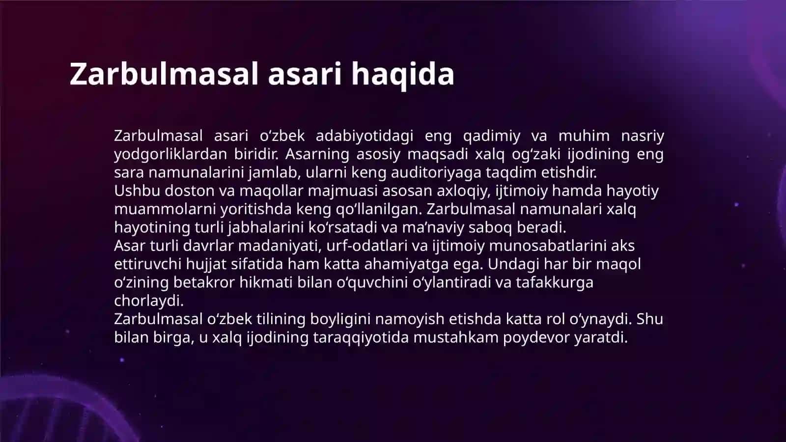 "ZARBULMASAL" ASARIDAGI MAQOLLARNI TO'PLASH VA ASARDAGI O'RNINI ANIQLASH 3