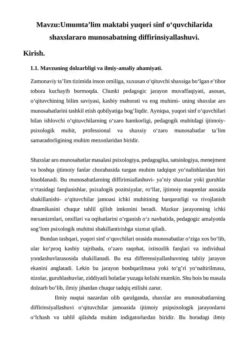 MUNDARIJA - "Umumta’lim maktabi yuqori sinf o‘quvchilarida shaxslararo munosabatlarning differensiyallashuvi” 3