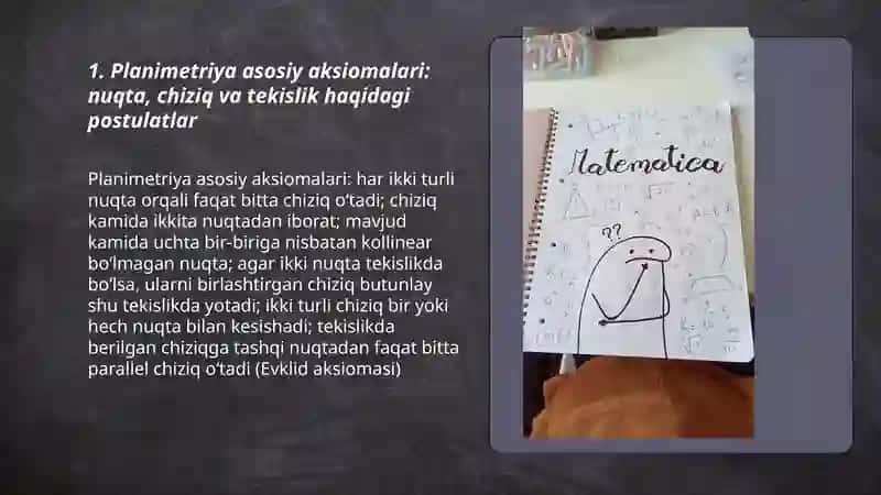 Planimetriya aksiomalarini takrorlash. Sodda geometrik figuralar taʼriflari, xossalari 3