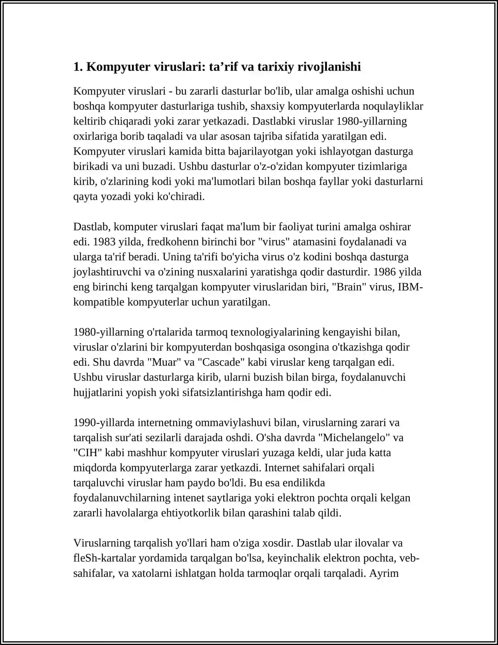 KOMPYUTER VIRUSLARI VA ZARARLI DASTURLAR:VIRUS TURLARI,ULARNING TARQALISH YO'LLARI VA HIMOYALANISH CHORALARI 3