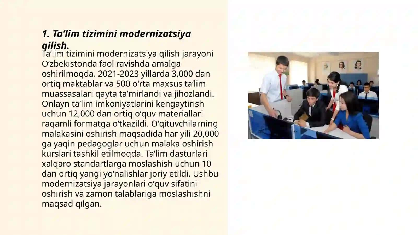 Oʻzbekiston Respublikasi Xalq taʼlim tizimini 2030-yilgacha rivojlantirish Konsepsiyasida belgilangan vazifalar va kutilayotgan natijalar tahlili 3