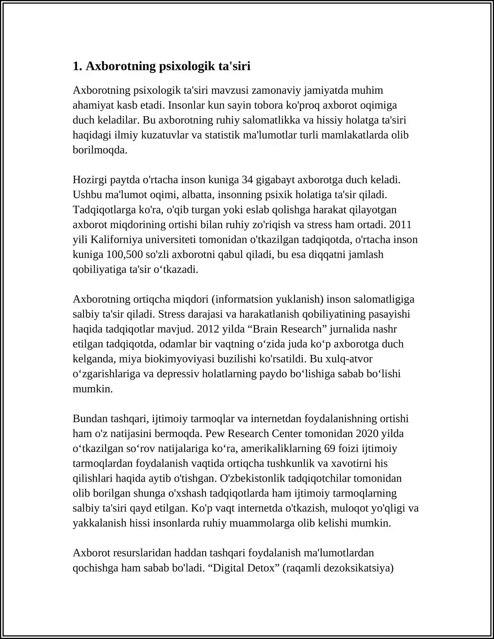 MUSTAQIL ISH Mavzu: AXBOROT-INSON HAYOTINING AJRALMAS QISMI 3
