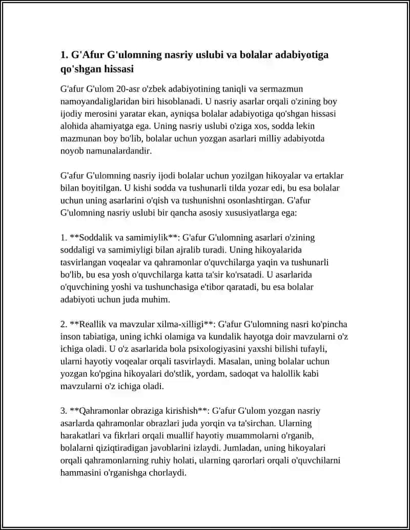 G'AFUR G'ULOMNING NASRIY ASARLARI O'ZBEK BOLALAR ADABIYOTINING AJOYIB NAMUNALARI SIFATIDA 3