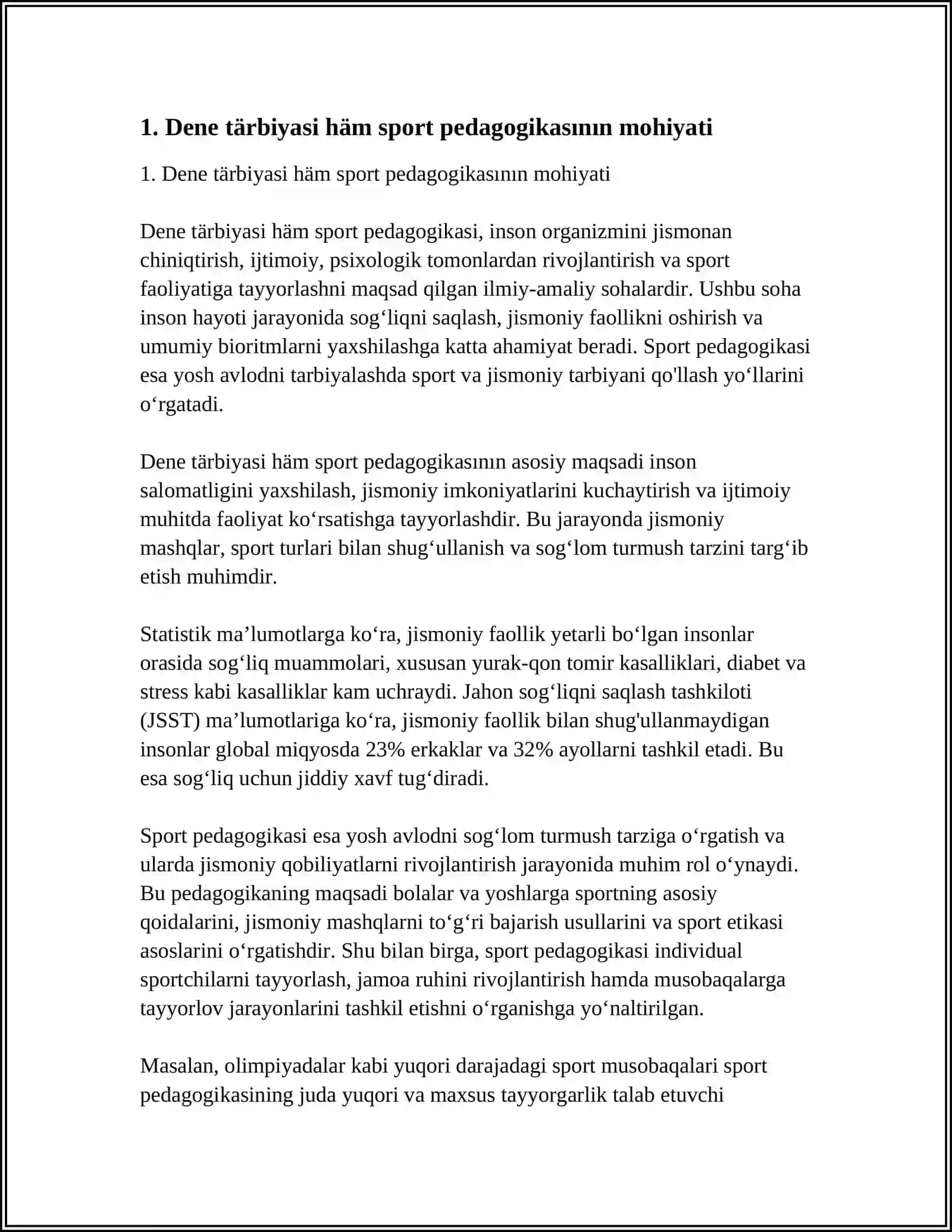 "DENE TÁRBIYASI HÁM SPORT PEDAGOGIKASI" PÁNININ MAZMUNI, TIYKARGI KATEGORIYALAN HÁM METODOLOGIYALIQ TIYKARLANI. PREZIDENT DÓRETPELERINDE TÁLIM-TÁRBIYA HÁM DENE TÁRBIYASINA TIYISLI IDEYALAR RAWAJLANIWI 3
