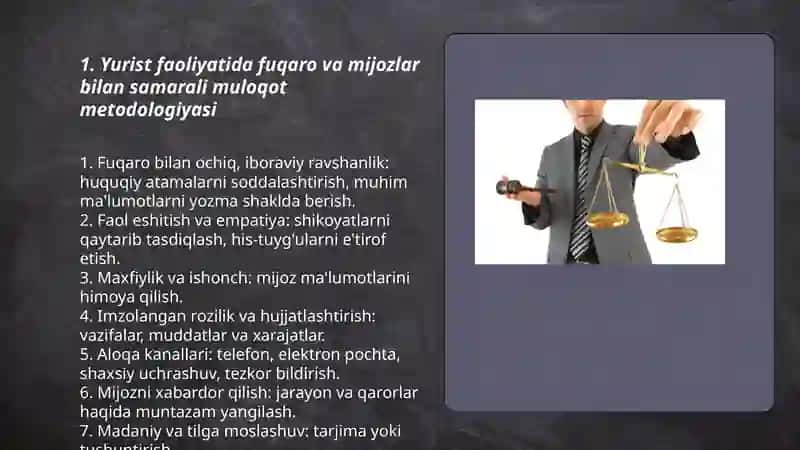 YURIST FAOLIYATIDA FUQAROLAR VA MIJOZLAR BILAN ISHLASH METADALOGIYASI 3