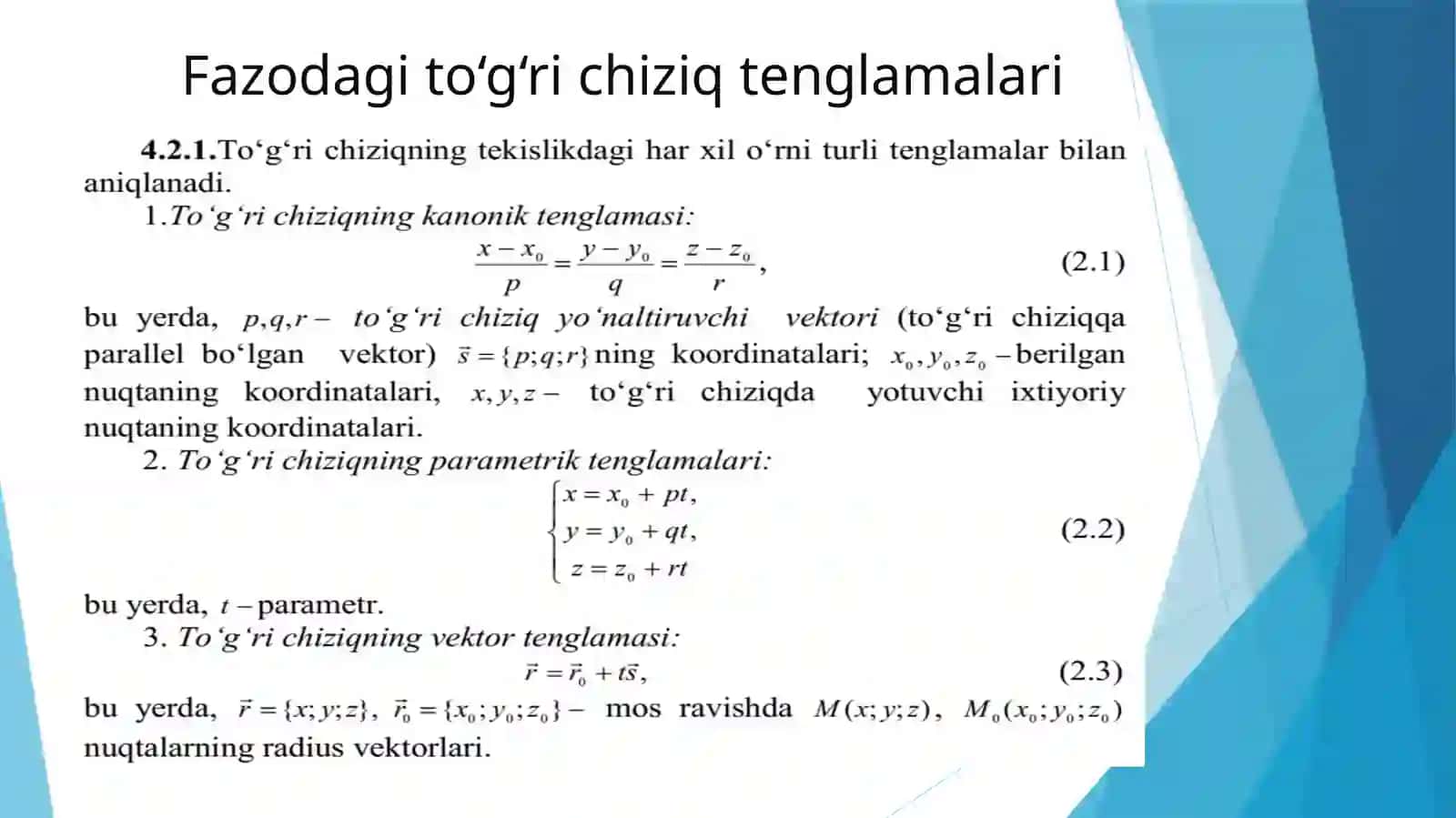 Fazoda to’g’ri chiziq tenglamalariga doir mashqlar, To’g’ri chiziq va tekislik orasidagi munosabatlar 3
