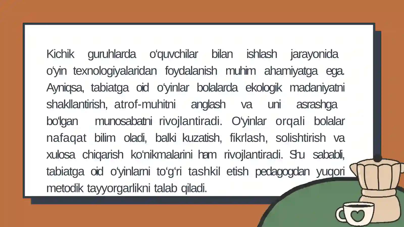 Kichik guruhda tabiatga oid o'yinlarni tashkil etishning mashg'ulot ishlanmalarini tuzish 3