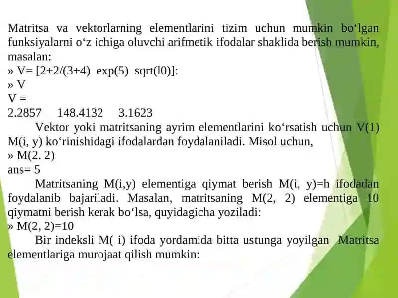 "Matlabдастурлаштириштириш тизимида матрица ва векторлар билан ишлаш" 3