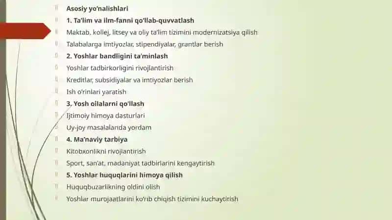 O`zbekistonda yoshlarga oid davlat siyosati va asosiy mazmuni.Barkamol avlod tarbiyalashning asosiy yo`nalishlari 3