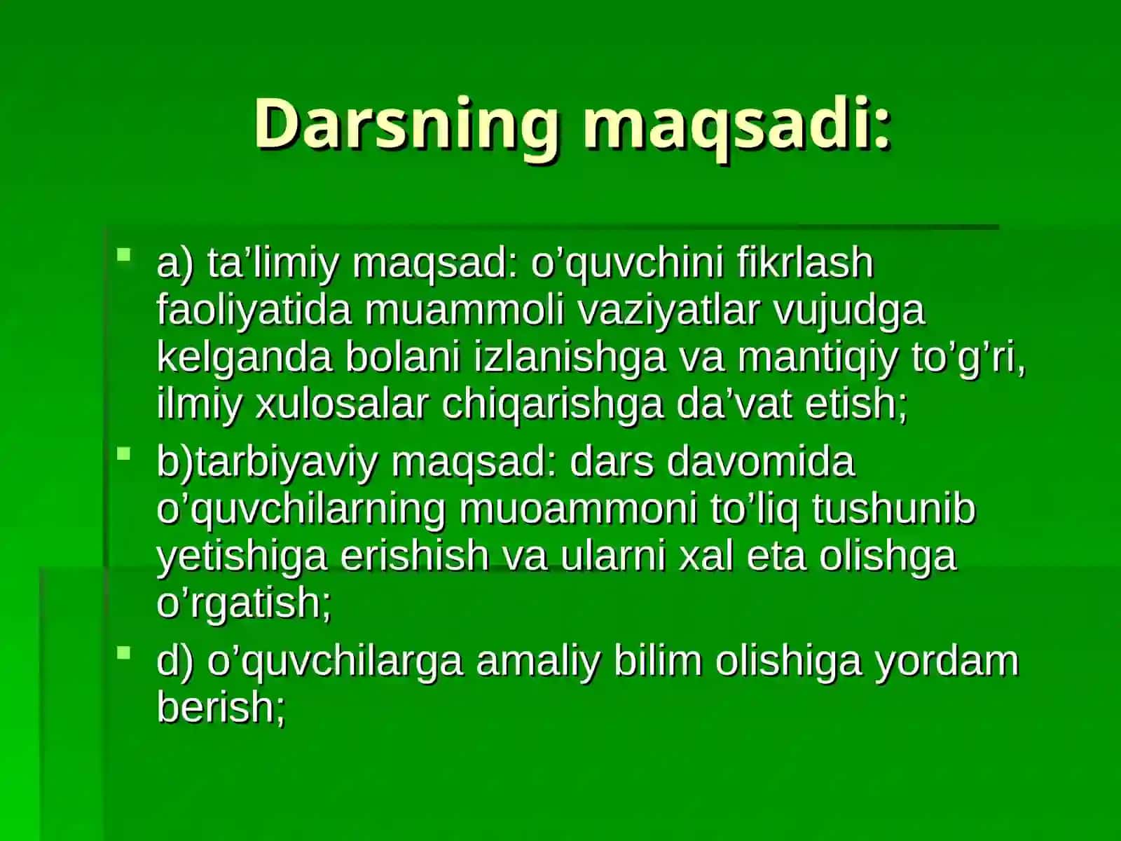Darsning mavzusi Kimyo fanidan amaliy va laboratoriya ishlarida muammoli vaziyatlarni xal qilish usullari 3
