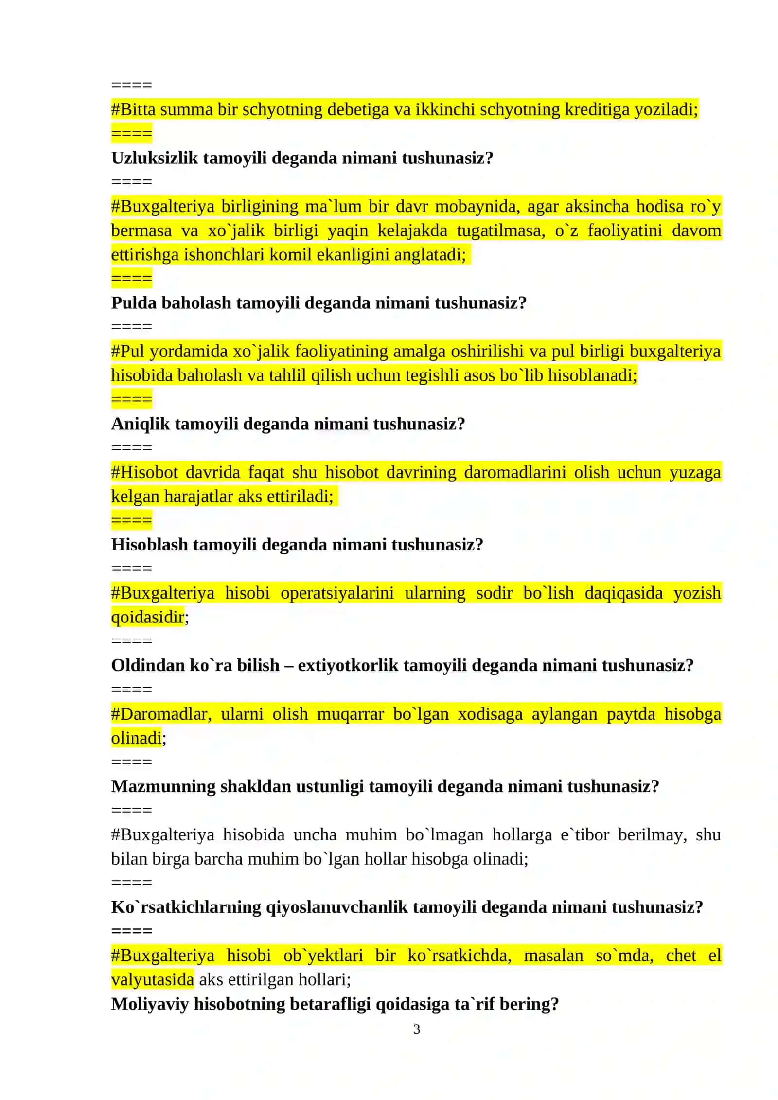 BUXGALTERIYA HISOBINING FUNDAMENTAL ASOSLARI FANIDAN TEST SAVOLLARI 3