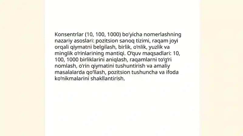 Konsentrlar (10,100,1000 va ko'p xonali sonlar)bo'yicha nomerlashga o'rgatish metodi 3