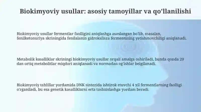 Odam genetikasining o'rganish usullari: biokimyoviy.prenatal diagnostika 3