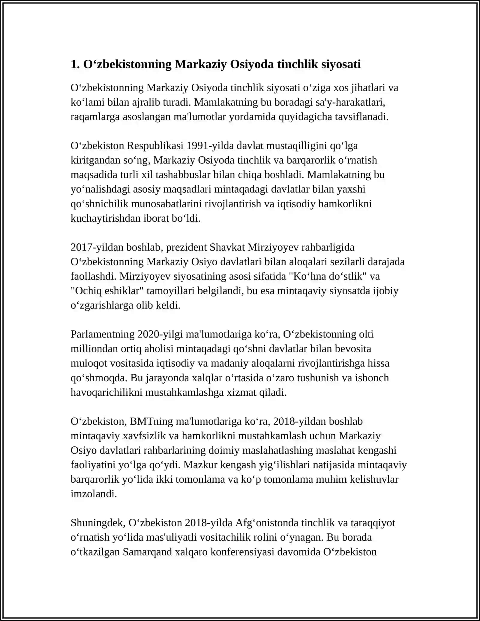 O'zbekistonning Markaziy Osiyoda Tinchlik va Barqarorlikni Ta'minlashdagi O'rni 3