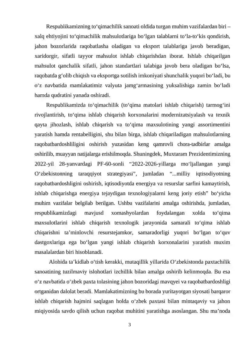 Zig‘ir tolali aralash “Kastyumbop” to‘qimasini ishlab chiqarish uchun zamonaviy texnologik jarayonlarni loyihalash 3