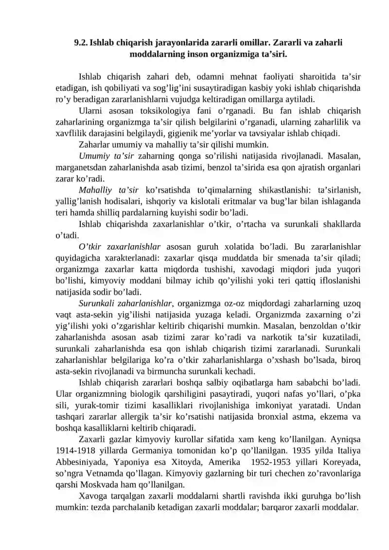 Ishlab chiqarish changlari va zaharli moddalarning inson organizmiga salbiy ta’siri, ularga qarshi chora-tadbirlar. 3