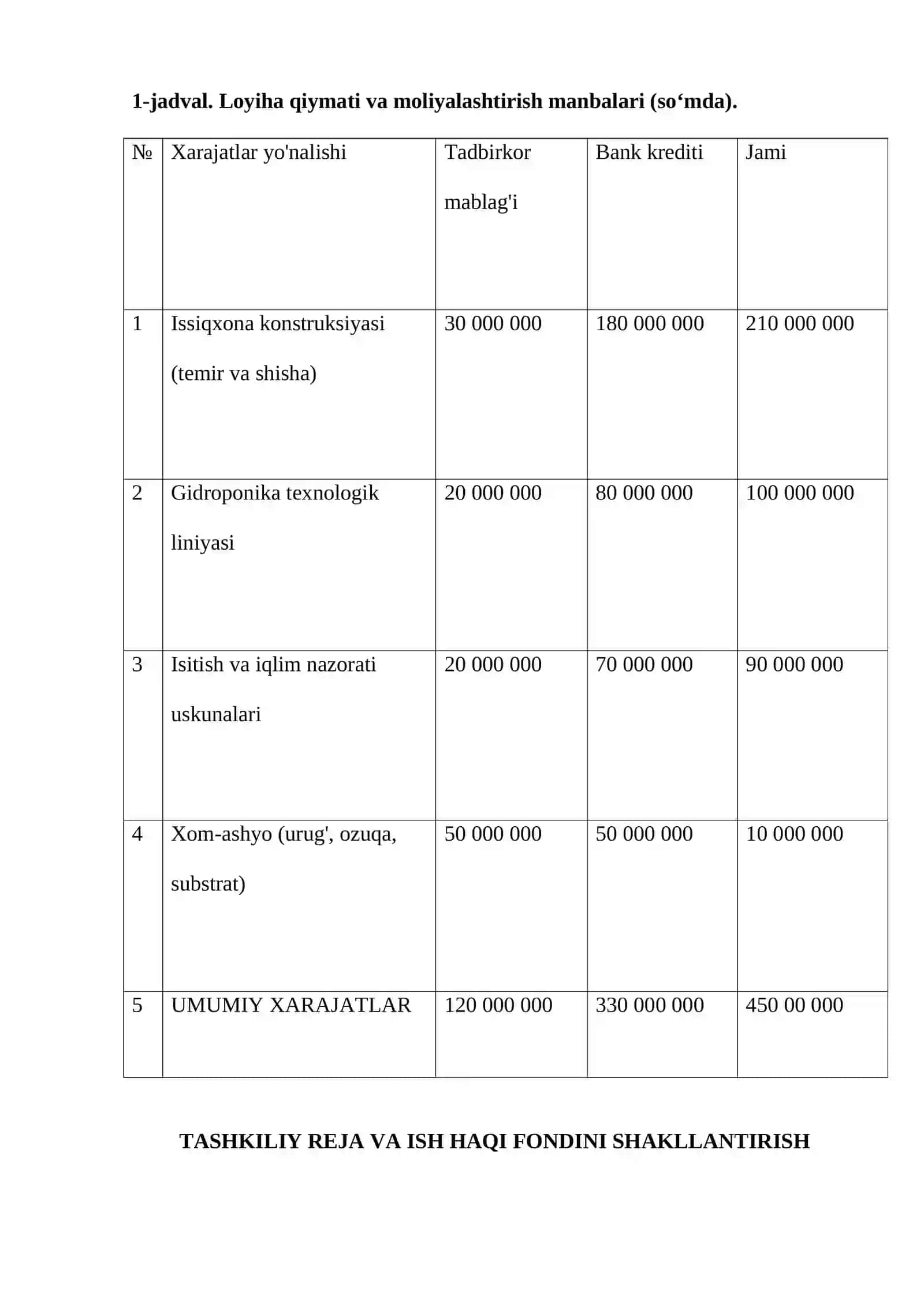 GIDROPONIKA USULIDAGI ZAMONAVIY ISSIQXONA MAJMUASINI TASHKIL ETISH BIZNES-REJASI 3