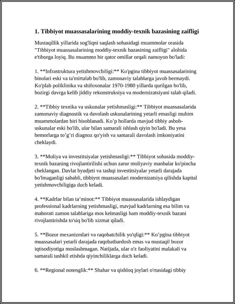 Tibbiyot muassasalarining moddiy-texnik bazasining zaifligi 3