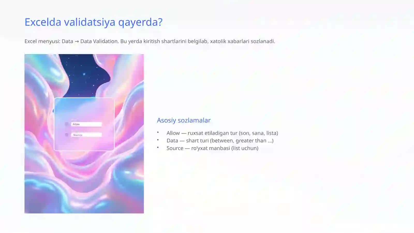Elektron jadvallarda validatsiya orqali xatolarni kamaytirish va ma’lumot aniqligini saqlash 3