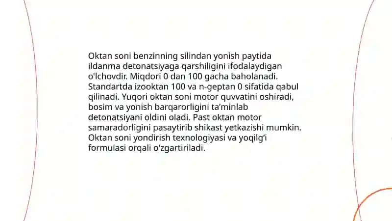 Motor yoqilgʻilarining oktan tsetan va lyuminometrik soni tushunchalari 3