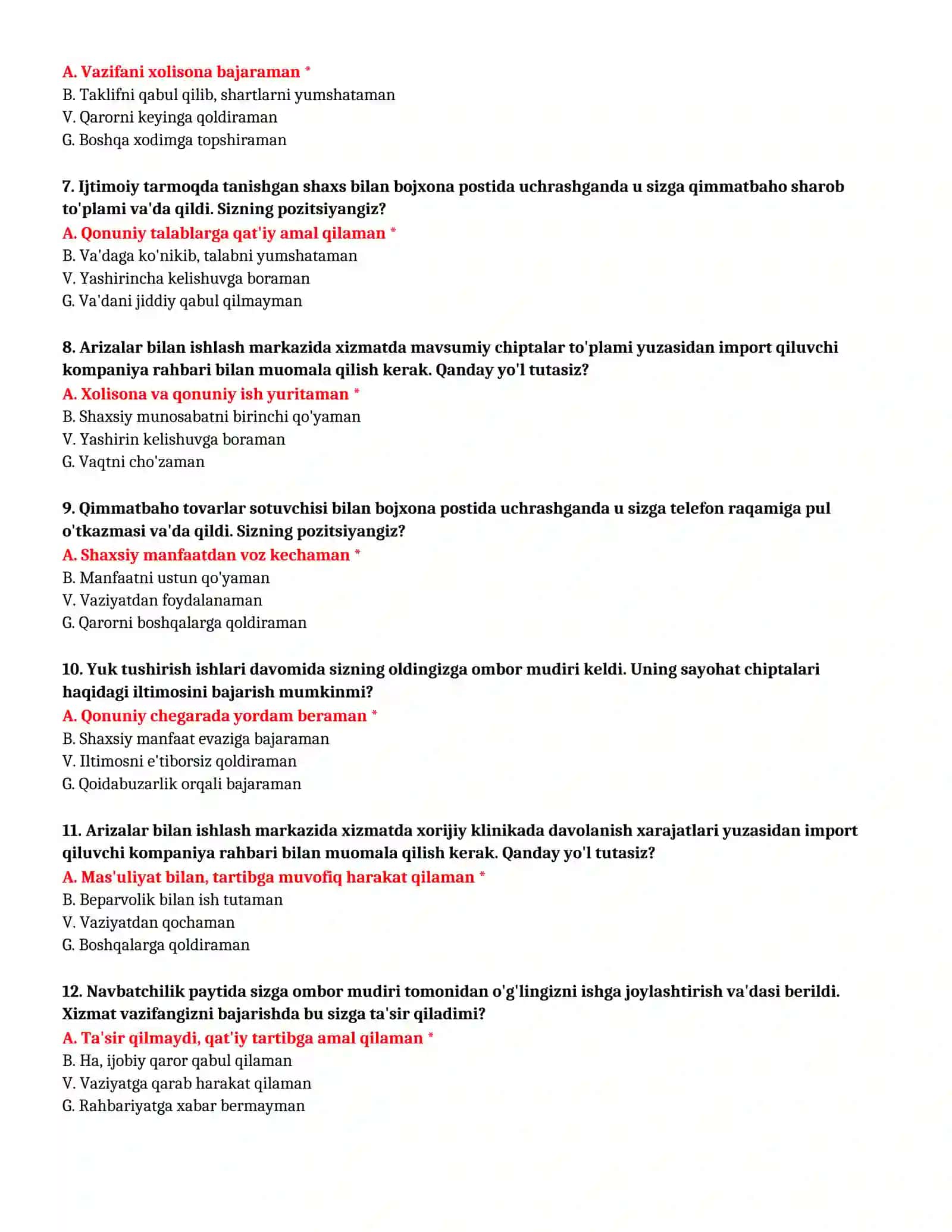 BOJXONA AKADEMIYASI - KASBIY TANLOV TEST SAVOLLARI (№ 84) 3