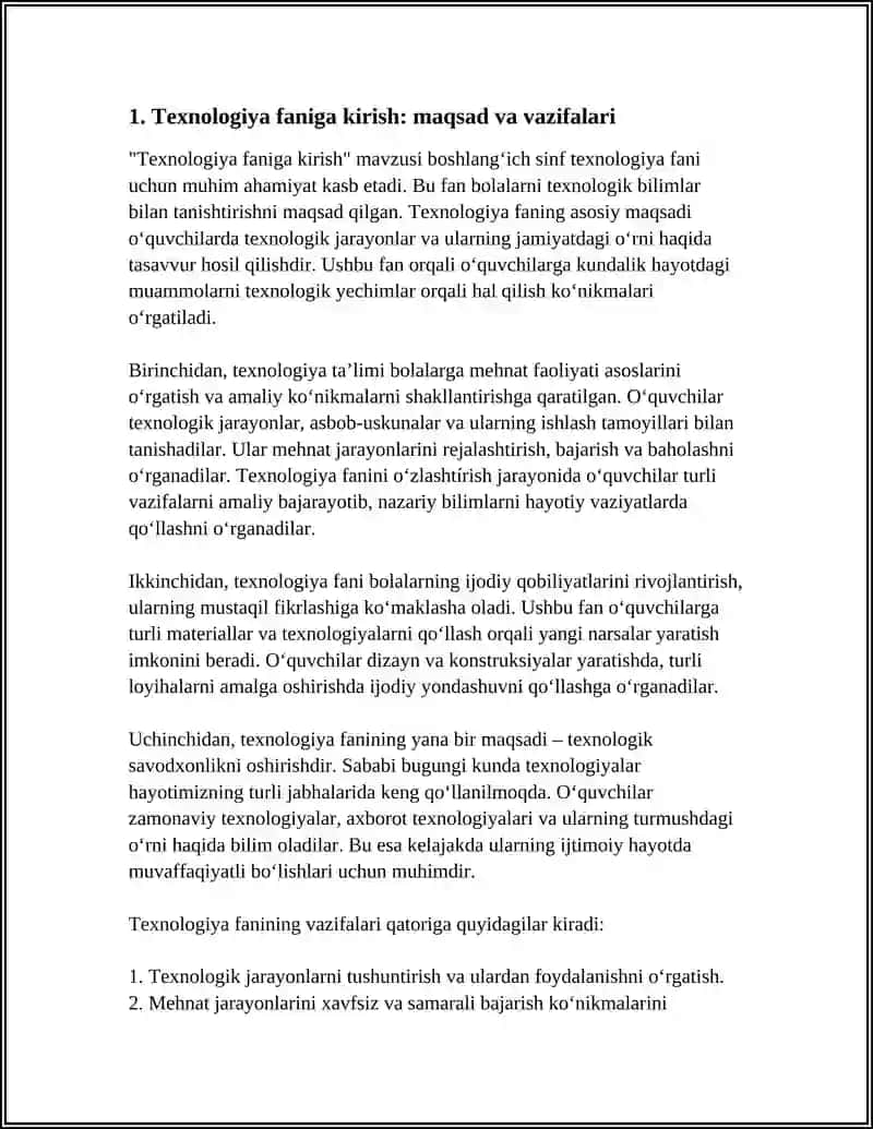 BOSHLANGʻICH SINF TEXNOLOGIYA FANI MAZMUNI 3