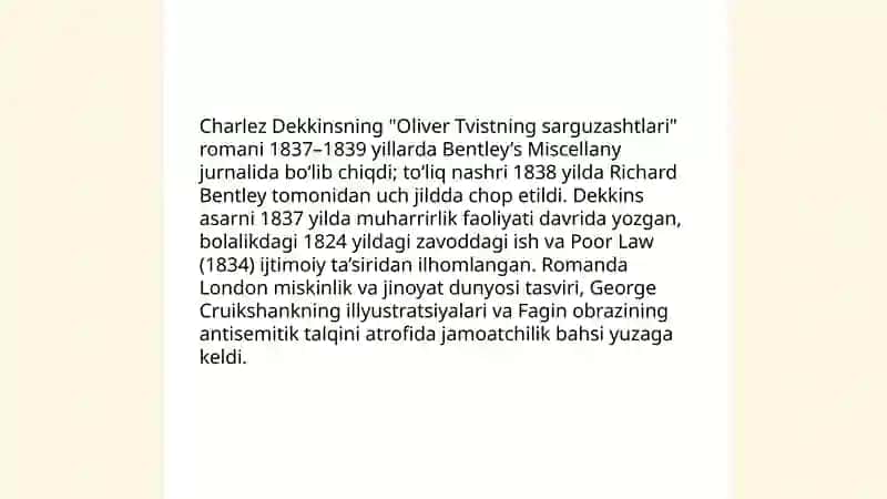 "Oliver Tvistning sarguzashtlari" romani 3
