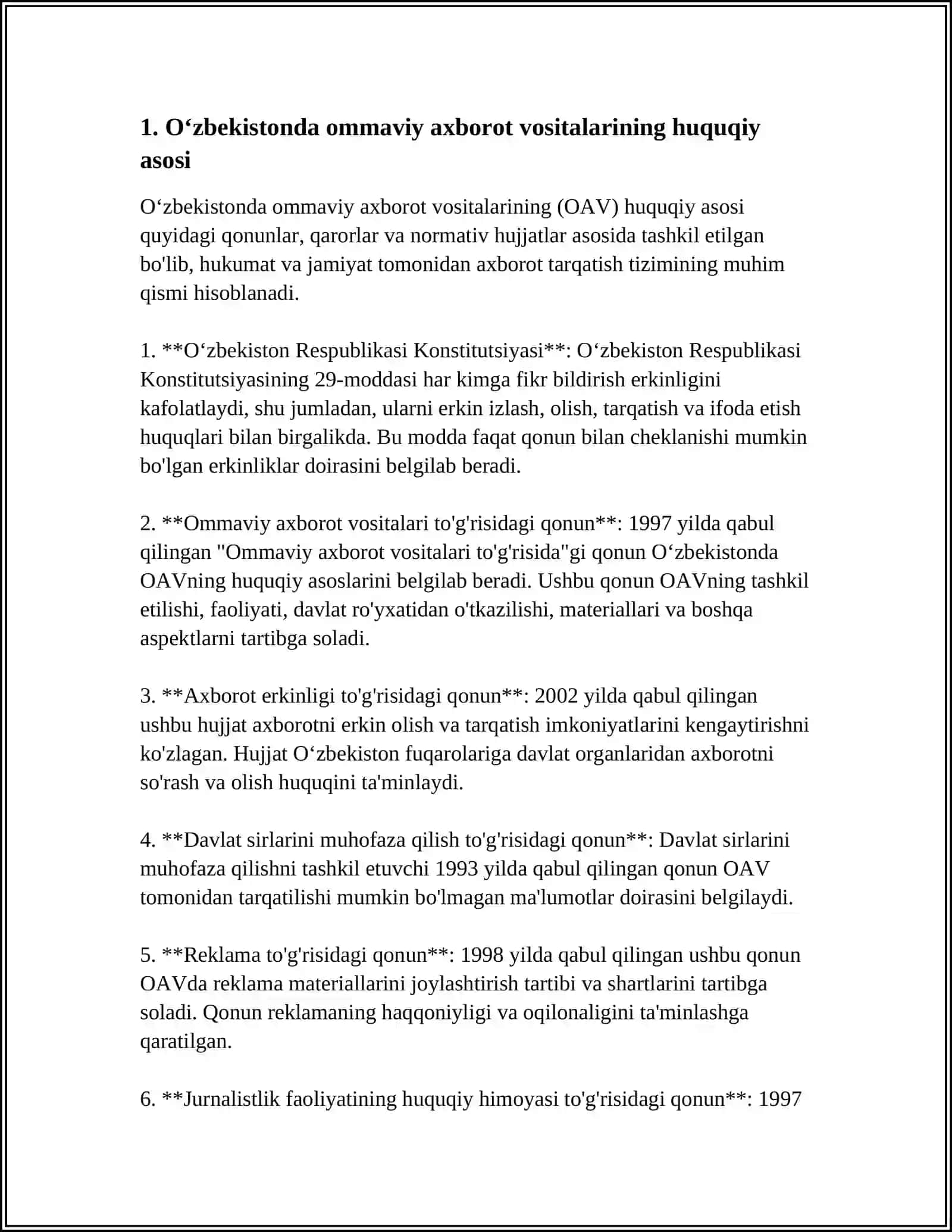 Oʻzbekistonda ommaviy axborot vositalarining huquqiy asosi 3