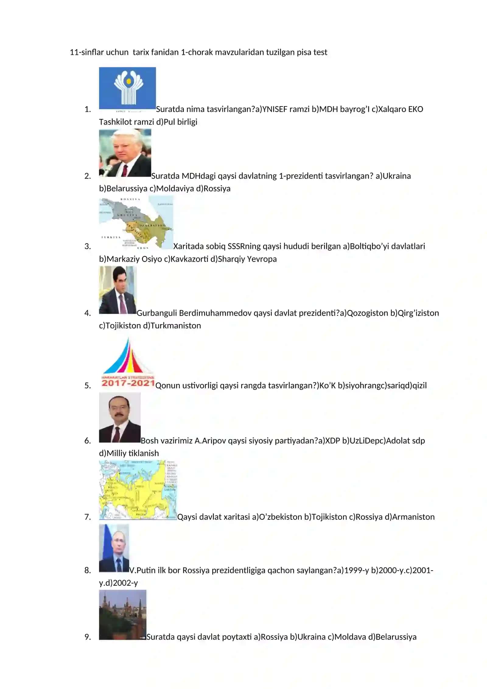 10-sinflar uchun tarix fanidan 1-chorak mavzularidan tuzilgan pisa test 3
